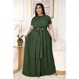 Plus Size Fashion Solid Color Short Sleeve Long Skirt Suits ASL-7025
