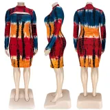Plus Size Fashion Sexy Tie-dye Printed Hollow Midi Dress ASL-7038