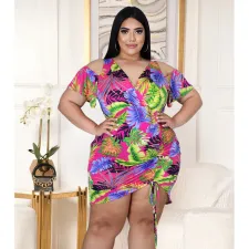 Plus Size V-neck Print Cold Shoulder Shirring Dress ASL-7035
