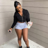 Black Hooded Zipper Long Sleeve Cropped Coat WSYF-5893