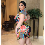Plus Size Sexy V-neck Print Ruched Mini Dress ASL-7018