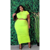 Plus Size Fashion Solid Color Ruched Short Sleeve Long Skirt Suits ASL-7029