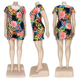 Plus Size Sexy V-neck Print Ruched Mini Dress ASL-7018