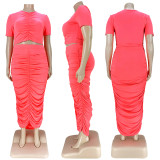 Plus Size Fashion Solid Color Ruched Short Sleeve Long Skirt Suits ASL-7029