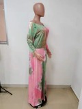 Plus Size Tie Dye Slash Neck 3/4 Sleeve Maxi Dress LSD-81031