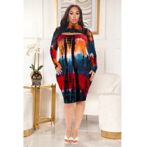 Plus Size Fashion Sexy Tie-dye Printed Hollow Midi Dress ASL-7038