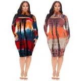 Plus Size Fashion Sexy Tie-dye Printed Hollow Midi Dress ASL-7038