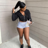 Black Hooded Zipper Long Sleeve Cropped Coat WSYF-5893