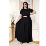 Plus Size Fashion Solid Color Short Sleeve Long Skirt Suits ASL-7025
