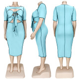 Plus Size Solid Color Hollow Lace Up Dress ASL-7023