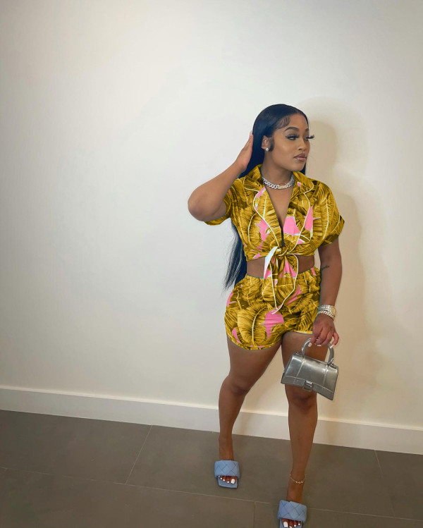 Casual Printed Short Sleeve Shirt And Shorts 2 Piece Sets OMY-80038