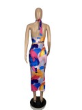 Sexy Printed Halter Crop Top Long Skirt 2 Piece Sets CHY-1317
