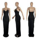 Sexy Solid V Neck Spaghetti Strap Split Maxi Dress CHY-1330