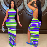 Sexy Striped Backless Spaghetti Strap Split Maxi Dress CHY-1332