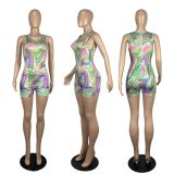 Sexy Printed Sleeveless Bodysuit+Shorts Two Piece Sets CHY-1335