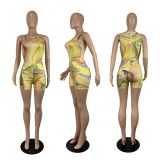 Sexy Printed Sleeveless Bodysuit+Shorts Two Piece Sets CHY-1335