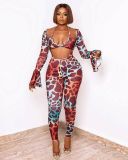 Pre Order: About 7 work days shipping Sexy Printed Flare Sleeve Jumpsuits+Bra Top YUEM-66723