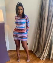 Colorful Striped Long Sleeve Backless Mini Dress YUEM-66722