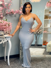 Sexy Solid V Neck Spaghetti Strap Split Maxi Dress CHY-1330