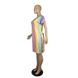 Rainbow Stripe Print V Neck Short Sleeve Loose Dress CHY-1334