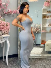 Sexy Solid V Neck Spaghetti Strap Split Maxi Dress CHY-1330