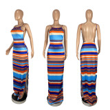 Sexy Striped Backless Spaghetti Strap Split Maxi Dress CHY-1332