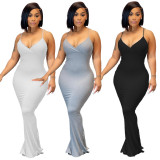 Sexy Solid V Neck Spaghetti Strap Split Maxi Dress CHY-1330