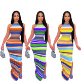 Sexy Striped Backless Spaghetti Strap Split Maxi Dress CHY-1332