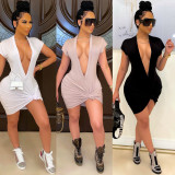 Sexy Solid Deep V Neck Knotted Mini Dress CHY-1340