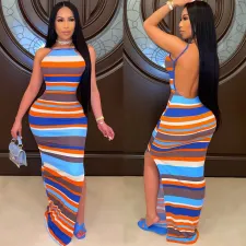 Sexy Striped Backless Spaghetti Strap Split Maxi Dress CHY-1332