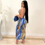 Sexy Printed Halter Crop Top Long Skirt 2 Piece Sets CHY-1317