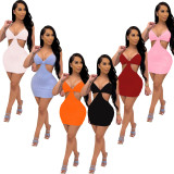 Sexy Solid Hollow Out Spaghetti Strap Mini Dress CHY-1328