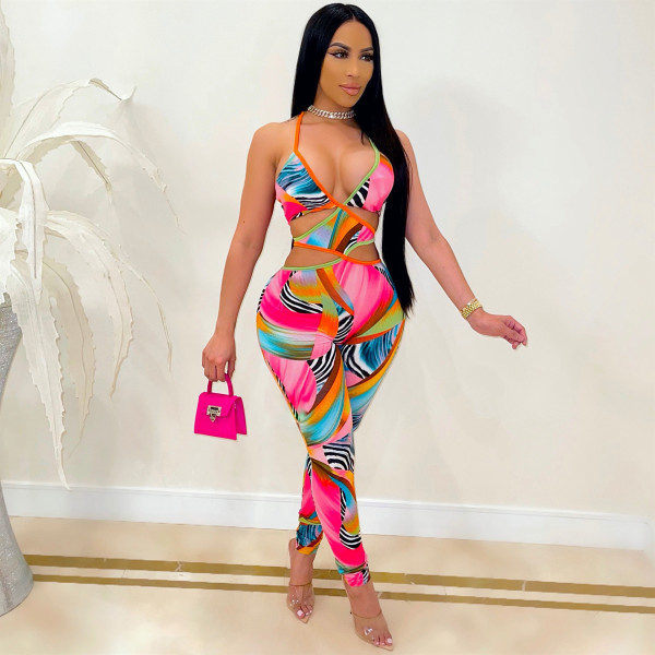 Sexy Printed Hollow Out Backless Cross Strap Jumpsuit CHY-1339