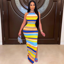 Sexy Striped Backless Spaghetti Strap Split Maxi Dress CHY-1332