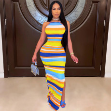 Sexy Striped Backless Spaghetti Strap Split Maxi Dress CHY-1332
