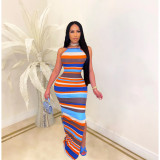 Sexy Striped Backless Spaghetti Strap Split Maxi Dress CHY-1332