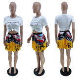 Casual Printed T Shirt Pleated Mini Skirt 2 Piece Sets YNB-7212