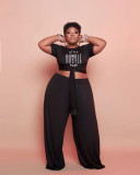 Plus Size Solid Letter Print Short Sleeve 2 Piece Pants Set WAF-77240