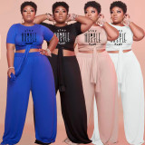 Plus Size Solid Letter Print Short Sleeve 2 Piece Pants Set WAF-77240