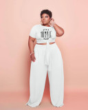 Plus Size Solid Letter Print Short Sleeve 2 Piece Pants Set WAF-77240
