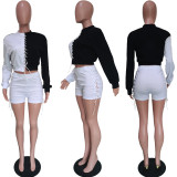 Contrast Color Lace Up Top And Shorts 2 Piece Sets BGN-188