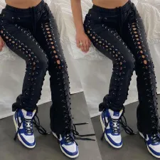 Black Lace-Up Hollow Out Bandage Pants YNB-7207