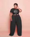 Plus Size Solid Letter Print Short Sleeve 2 Piece Pants Set WAF-77240