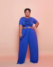Plus Size Solid Letter Print Short Sleeve 2 Piece Pants Set WAF-77240