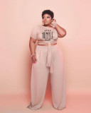 Plus Size Solid Letter Print Short Sleeve 2 Piece Pants Set WAF-77240