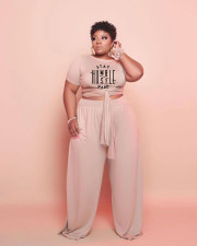 Plus Size Solid Letter Print Short Sleeve 2 Piece Pants Set WAF-77240