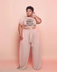 Plus Size Solid Letter Print Short Sleeve 2 Piece Pants Set WAF-77240