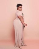 Plus Size Solid Letter Print Short Sleeve 2 Piece Pants Set WAF-77240