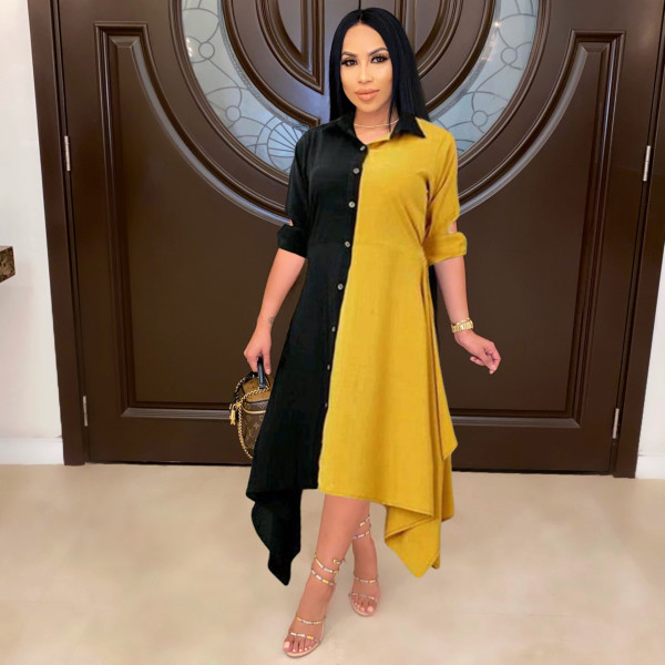 Plus Size Contrast Color Long Sleeve Irregular Shirt Dress ML-7455