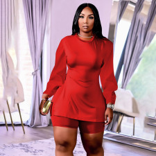 Plus Size Solid Split Long Sleeve Top And Shorts 2 Piece Sets QSF-51029